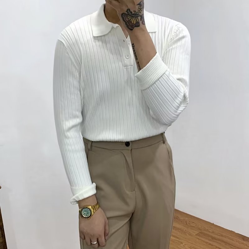 Lapel Texture Stretch Slim Knit Polo Shirt Men Polo Shirt Fashion Waffle Long-sleeved Tops Clothing Casual Comfortable Golf Men's Clothing Platonelstore
