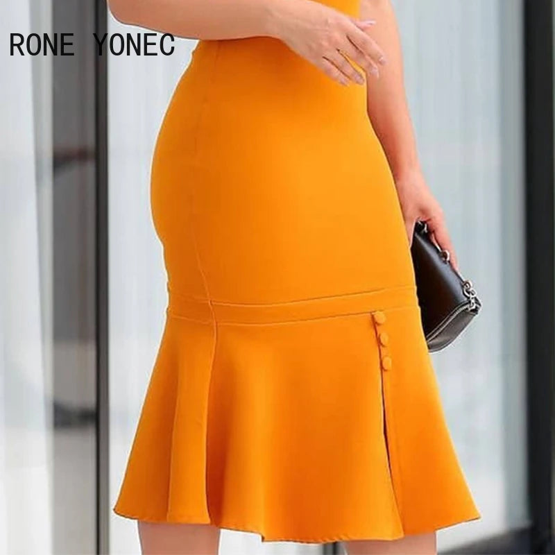 2024 Women Solid Short Sleeves Button Decoration Mermaid Bodycon Formal Party Dresses Platonelstore