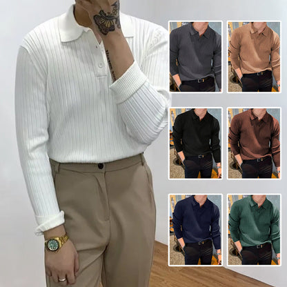 Lapel Texture Stretch Slim Knit Polo Shirt Men Polo Shirt Fashion Waffle Long-sleeved Tops Clothing Casual Comfortable Golf Men's Clothing Platonelstore