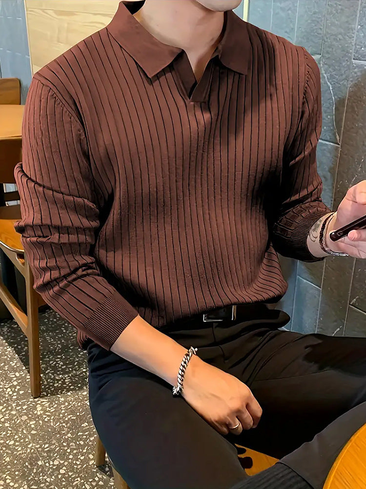 Lapel Texture Stretch Slim Knit Polo Shirt Men Polo Shirt Fashion Waffle Long-sleeved Tops Clothing Casual Comfortable Golf Men's Clothing Platonelstore