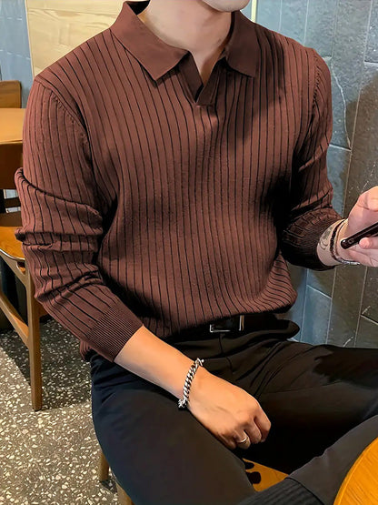 Lapel Texture Stretch Slim Knit Polo Shirt Men Polo Shirt Fashion Waffle Long-sleeved Tops Clothing Casual Comfortable Golf Men's Clothing Platonelstore