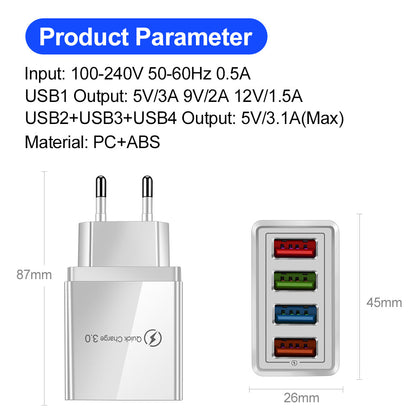USB Charger Quick Charge 3.0 4 Phone Adapter For Tablet Portable Wall Mobile Charger Fast Charger Platonelstore