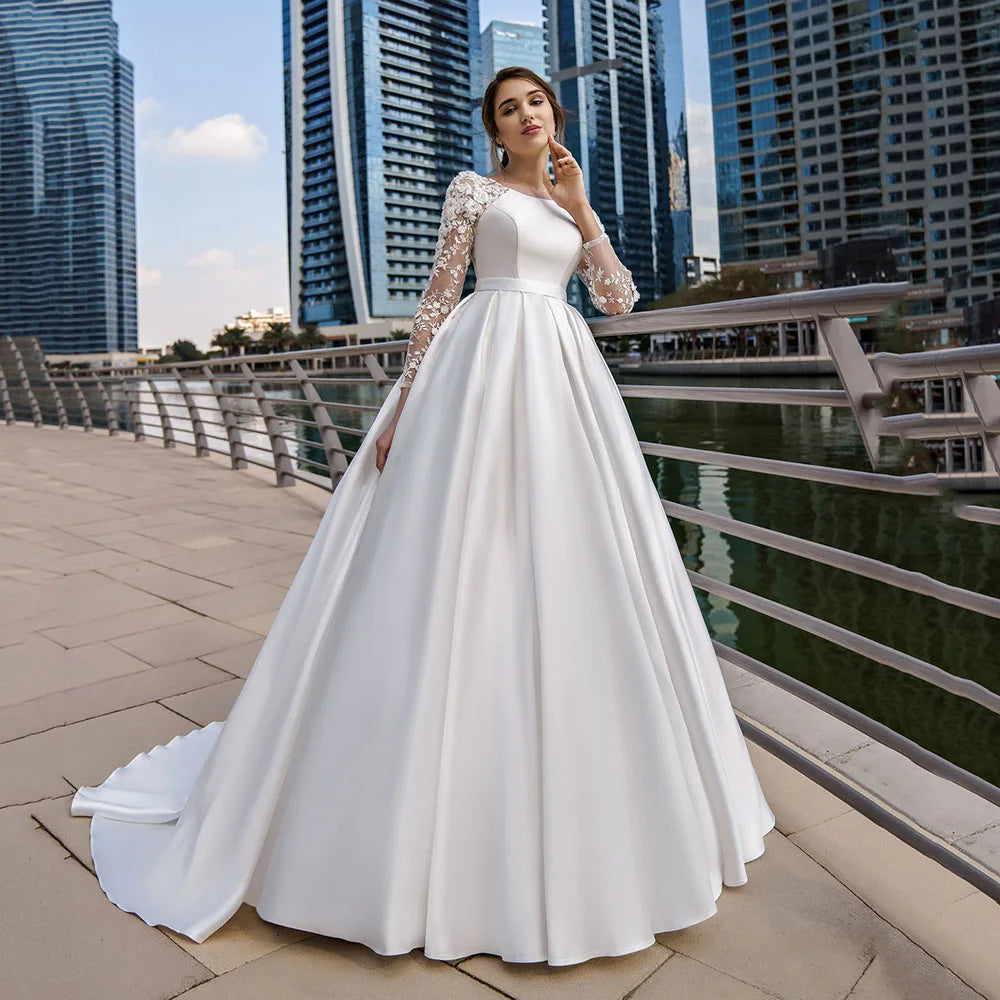 SoDigne Dubai Modest Wedding Dresses Lace Long Sleeve Satin Bride Dress With Belt Women Elegant Wedding Party Gowns Customized Platonelstore