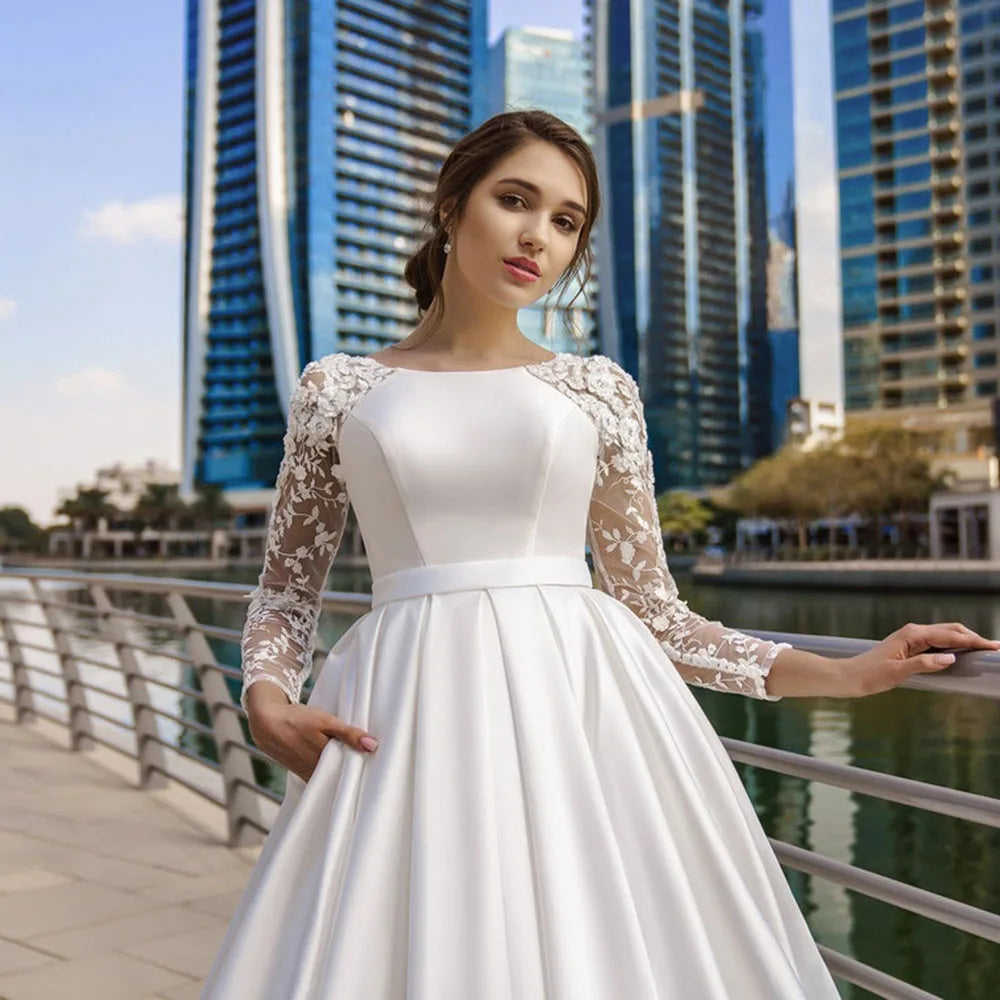 SoDigne Dubai Modest Wedding Dresses Lace Long Sleeve Satin Bride Dress With Belt Women Elegant Wedding Party Gowns Customized Platonelstore