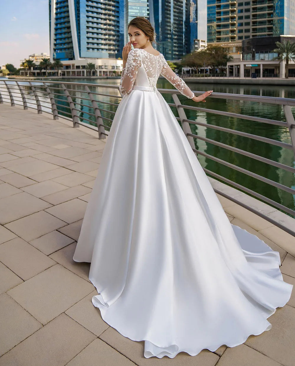 SoDigne Dubai Modest Wedding Dresses Lace Long Sleeve Satin Bride Dress With Belt Women Elegant Wedding Party Gowns Customized Platonelstore
