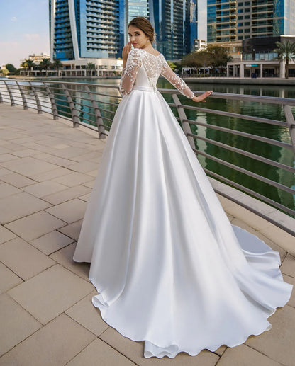 SoDigne Dubai Modest Wedding Dresses Lace Long Sleeve Satin Bride Dress With Belt Women Elegant Wedding Party Gowns Customized Platonelstore