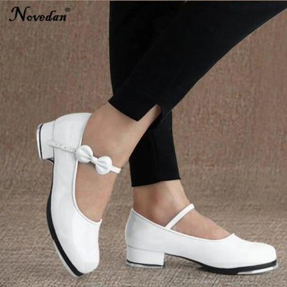 Black And White Tap Shoes Women Girls Kids Tap Dance Shoes Bow Tie Mary Jane Style Shiny Patent PU Leather Size 26-40 Platonel