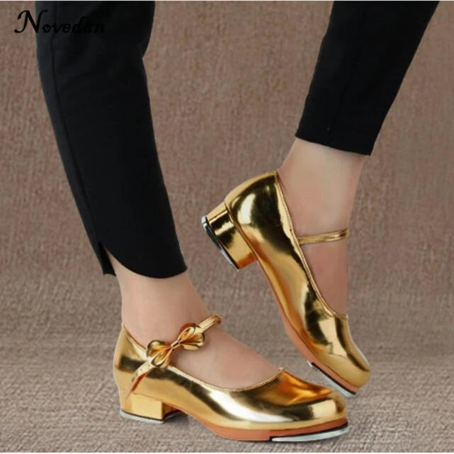 Black And White Tap Shoes Women Girls Kids Tap Dance Shoes Bow Tie Mary Jane Style Shiny Patent PU Leather Size 26-40 Platonel