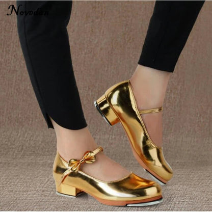 Black And White Tap Shoes Women Girls Kids Tap Dance Shoes Bow Tie Mary Jane Style Shiny Patent PU Leather Size 26-40 Platonel