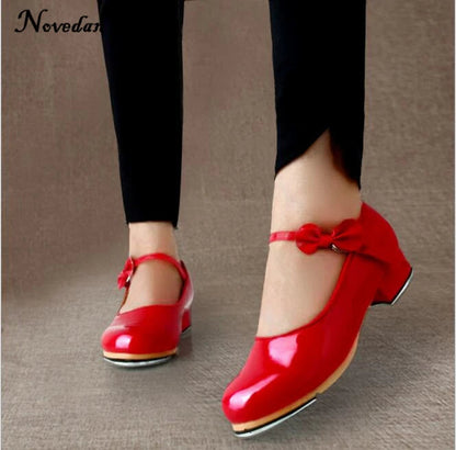 Black And White Tap Shoes Women Girls Kids Tap Dance Shoes Bow Tie Mary Jane Style Shiny Patent PU Leather Size 26-40 Platonel