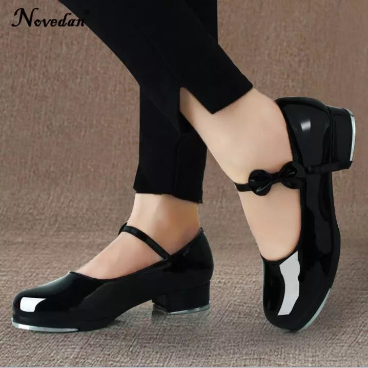Black And White Tap Shoes Women Girls Kids Tap Dance Shoes Bow Tie Mary Jane Style Shiny Patent PU Leather Size 26-40 Platonel