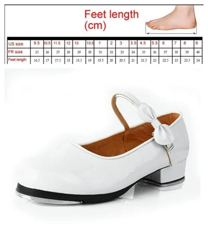 Black And White Tap Shoes Women Girls Kids Tap Dance Shoes Bow Tie Mary Jane Style Shiny Patent PU Leather Size 26-40 Platonel