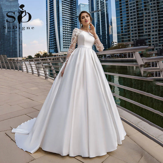 SoDigne Dubai Modest Wedding Dresses Lace Long Sleeve Satin Bride Dress With Belt Women Elegant Wedding Party Gowns Customized Platonelstore