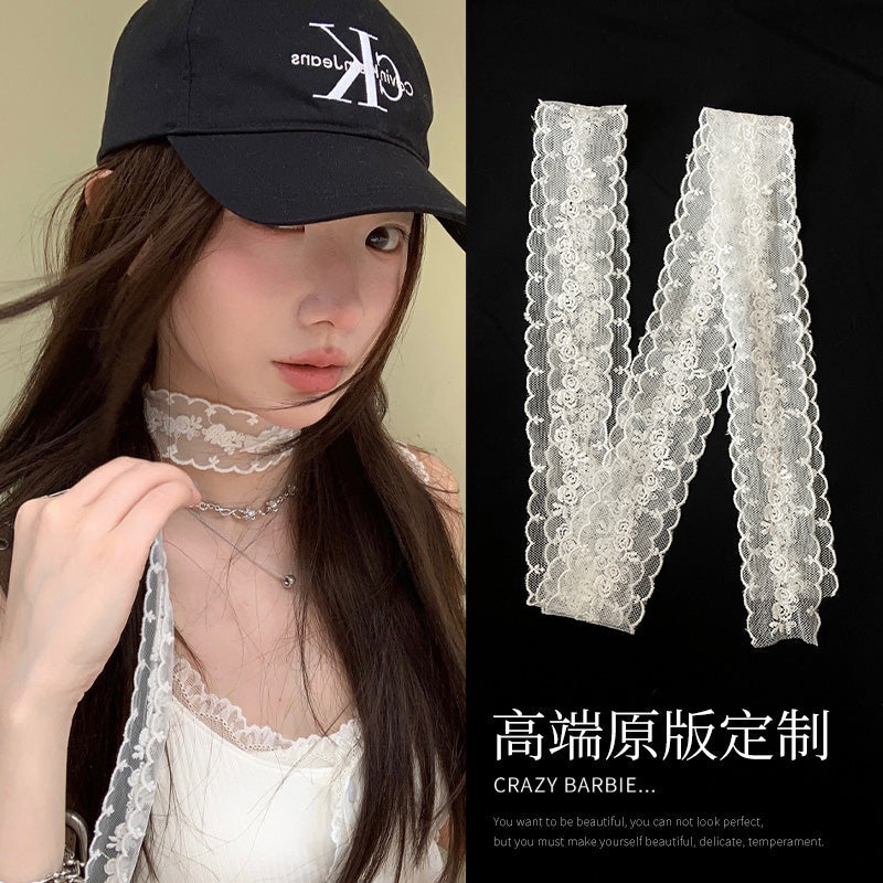 White Lace Mesh Embroidered Flower Narrow Scarf South Korea Ins Accessories Slender Fancy Easiest for Match Scarf Summer Women Platonelstore