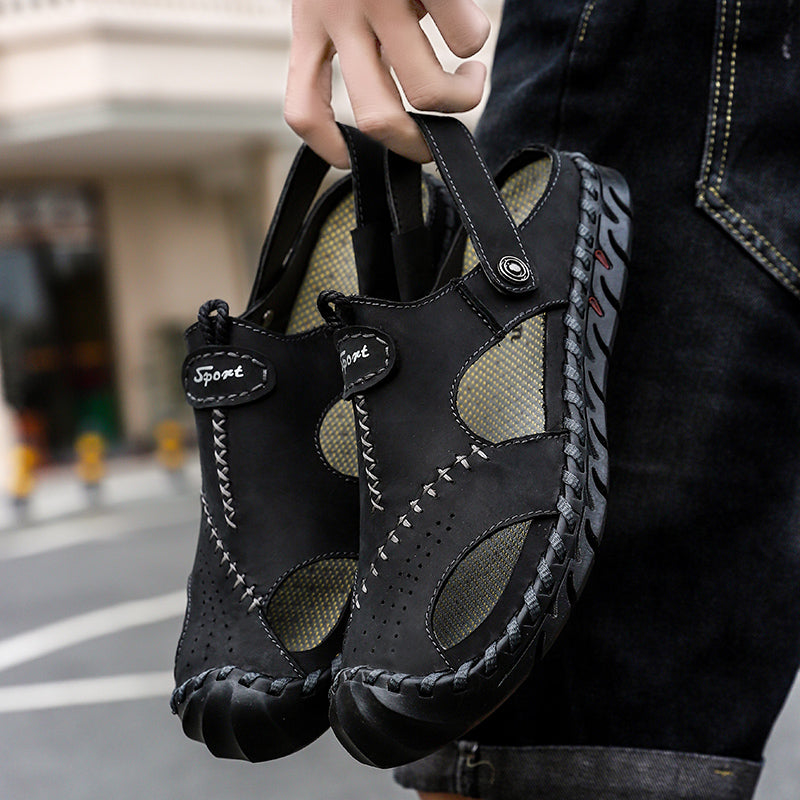 New Arrival Summer Men Breathable Sandals Authentic Leather Toe Box Casual Sandals Breathable Breathable Shoes Men's Cowhide Beach Shoes Platonelstore