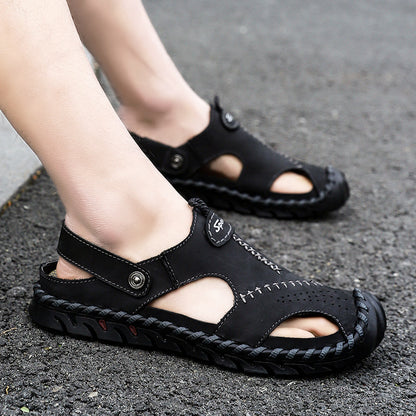 New Arrival Summer Men Breathable Sandals Authentic Leather Toe Box Casual Sandals Breathable Breathable Shoes Men's Cowhide Beach Shoes Platonelstore
