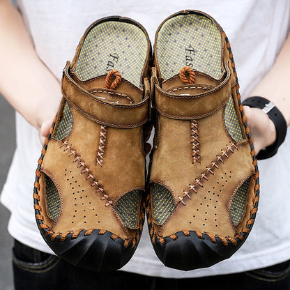 New Arrival Summer Men Breathable Sandals Authentic Leather Toe Box Casual Sandals Breathable Breathable Shoes Men's Cowhide Beach Shoes Platonelstore