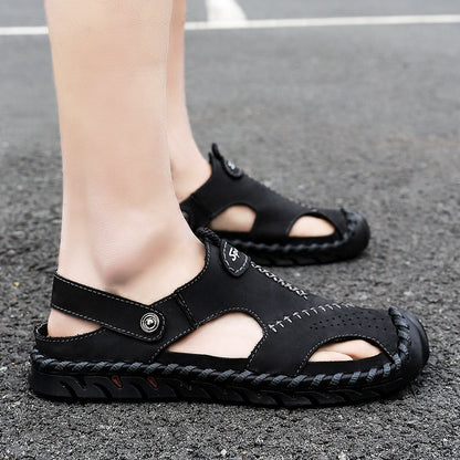 New Arrival Summer Men Breathable Sandals Authentic Leather Toe Box Casual Sandals Breathable Breathable Shoes Men's Cowhide Beach Shoes Platonelstore
