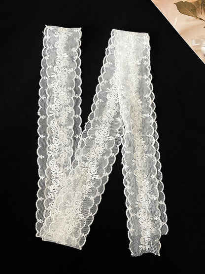 White Lace Mesh Embroidered Flower Narrow Scarf South Korea Ins Accessories Slender Fancy Easiest for Match Scarf Summer Women Platonelstore