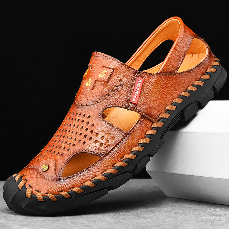 New Arrival Summer Men Breathable Sandals Authentic Leather Toe Box Casual Sandals Breathable Breathable Shoes Men's Cowhide Beach Shoes Platonelstore