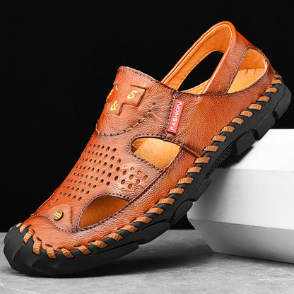 New Arrival Summer Men Breathable Sandals Authentic Leather Toe Box Casual Sandals Breathable Breathable Shoes Men's Cowhide Beach Shoes Platonelstore