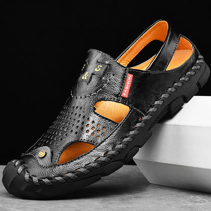 New Arrival Summer Men Breathable Sandals Authentic Leather Toe Box Casual Sandals Breathable Breathable Shoes Men's Cowhide Beach Shoes Platonelstore