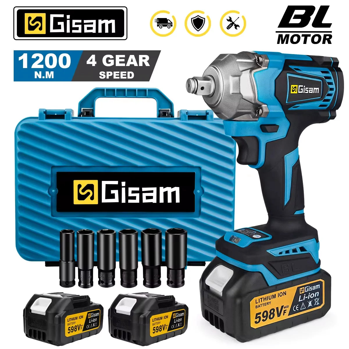 Gisam 1200N.M Torque Brushless Electric Impact Wrench 1/2 inch Cordless Wrench Screwdriver Power Tools For Makita 18V Battery Platonelstore