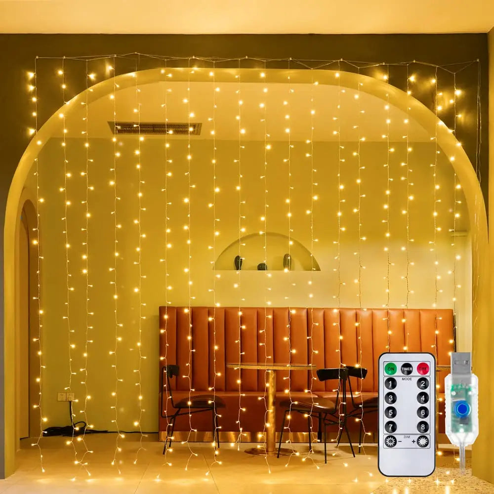 LED Curtain String Lights Christmas Garland Decor Fairy Light 8 Modes USB Remote Control Wedding Holiday Party for Bedroom Home Platonelstore