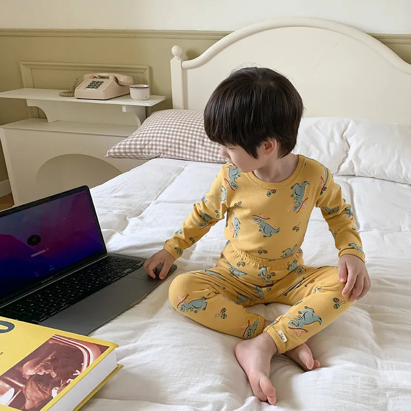 Children's Pajamas Set Autumn and Winter Long-sleeved Tops Cute Design Cartoon Pattern + Trousers Simple Style Home Clothes Platonelstore