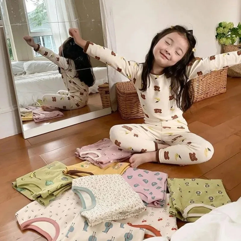 Children's Pajamas Set Autumn and Winter Long-sleeved Tops Cute Design Cartoon Pattern + Trousers Simple Style Home Clothes Platonelstore