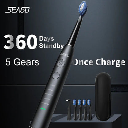 Seago Electric Toothbrush USB Rechargeable Adult 360 Days Long Battery Life with 4 Replacement Heads Gift SG-575 Platonelstore
