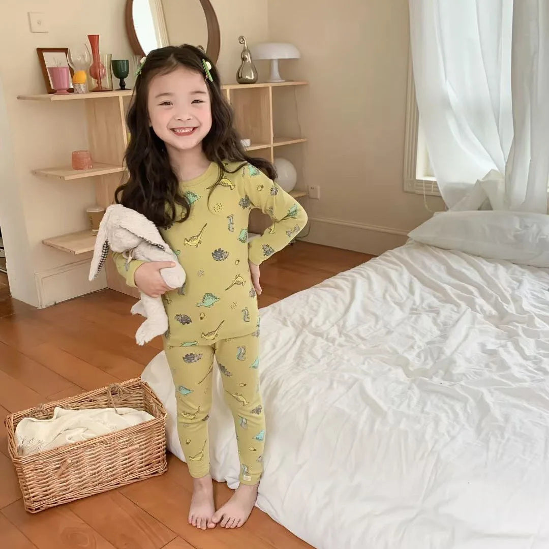 Children's Pajamas Set Autumn and Winter Long-sleeved Tops Cute Design Cartoon Pattern + Trousers Simple Style Home Clothes Platonelstore