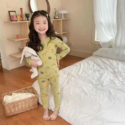 Children's Pajamas Set Autumn and Winter Long-sleeved Tops Cute Design Cartoon Pattern + Trousers Simple Style Home Clothes Platonelstore