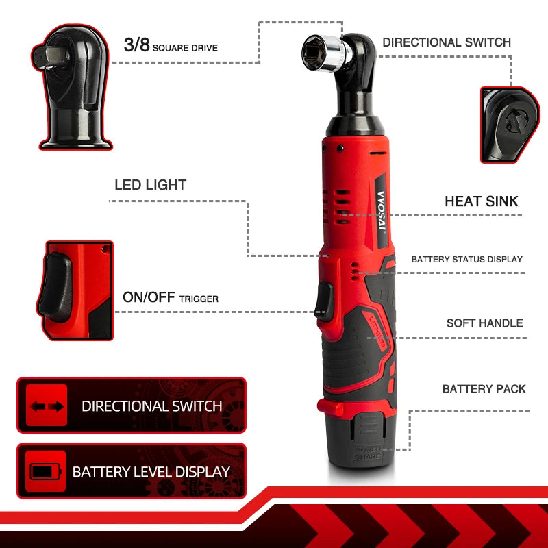 VVOSAI 45NM Cordless Electric Wrench 12V 3/8 Ratchet Wrench set Angle Drill Screwdriver to Removal Screw Nut Car Repair Tool Platonelstore