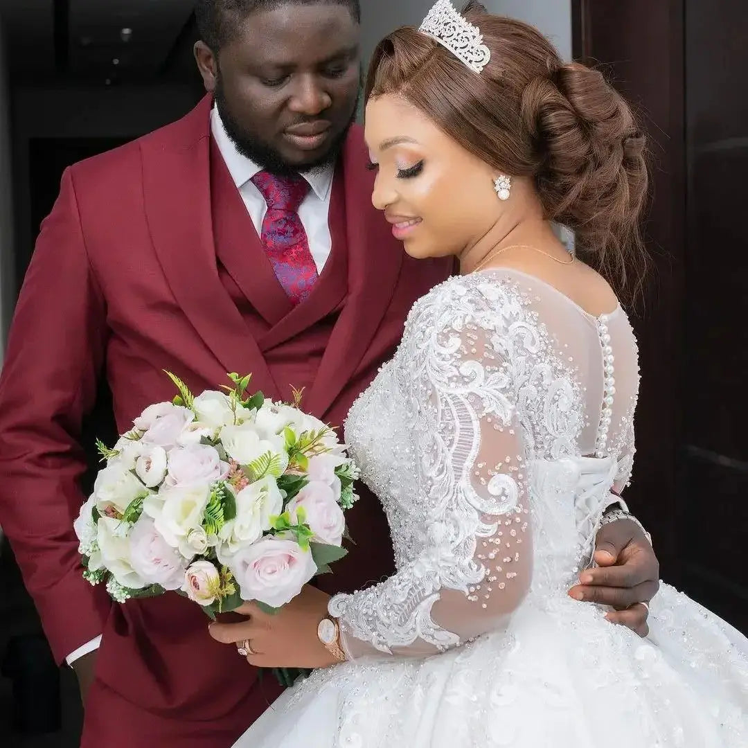 Flavinke Customized African Women Bll Gown Wedding Dresses 2025 Bridal Elegant Long Sleeves Beautiful Lace Dresses Platonelstore