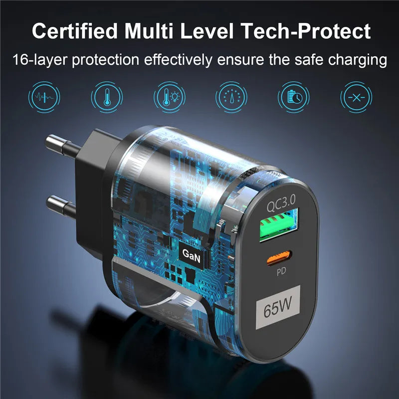 GaN 65W USB C Charger Quick Charge Korea Plug PD USB-C Type C Fast USB Charger For iPhone 13 Xiaomi Samsung Max Macbook Platonelstore