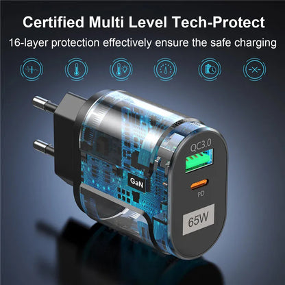 GaN 65W USB C Charger Quick Charge Korea Plug PD USB-C Type C Fast USB Charger For iPhone 13 Xiaomi Samsung Max Macbook Platonelstore