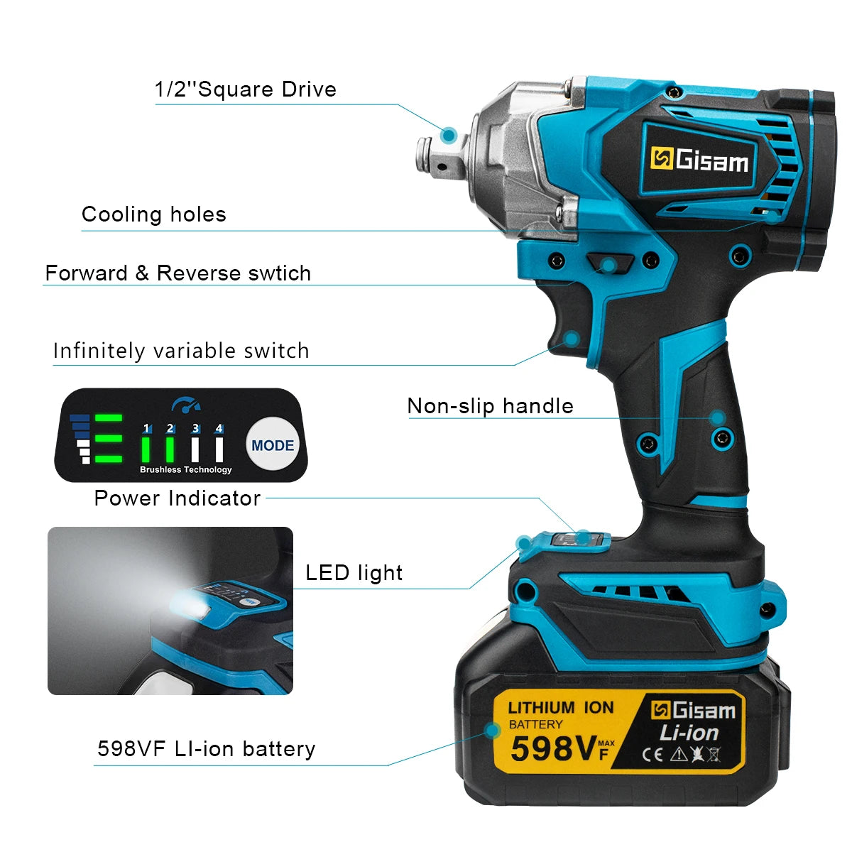 Gisam 1200N.M Torque Brushless Electric Impact Wrench 1/2 inch Cordless Wrench Screwdriver Power Tools For Makita 18V Battery Platonelstore