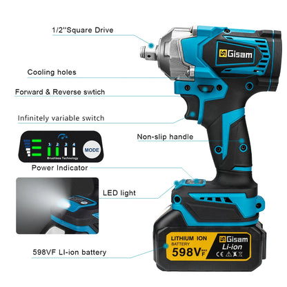 Gisam 1200N.M Torque Brushless Electric Impact Wrench 1/2 inch Cordless Wrench Screwdriver Power Tools For Makita 18V Battery Platonelstore