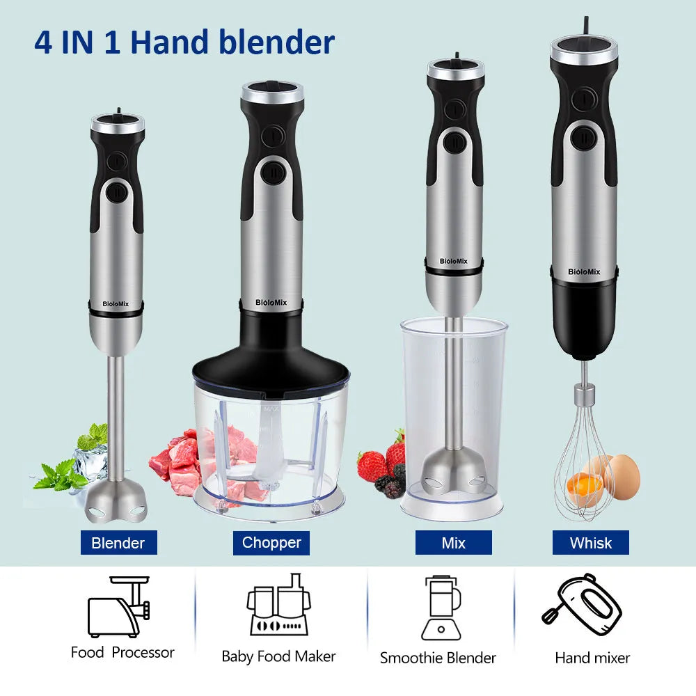 BioloMix 1200W 4-in-1 Immersion Hand Stick Blender Mixer Vegetable Meat Grinder 800ml Chopper Whisk 600ml Smoothie Cup Platonelstore