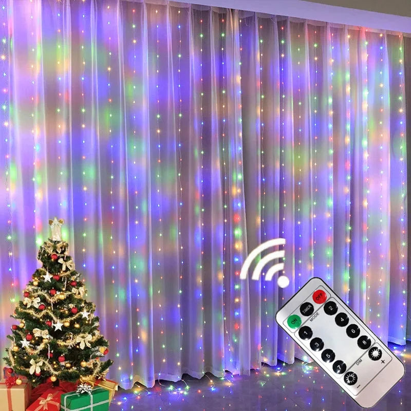 6x3M LED USB Curtain String Fairy Lights Christmas Garland 8 Modes Remote for New Year 2024 Party Garden Home Wedding Decoration Platonelstore