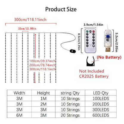6x3M LED USB Curtain String Fairy Lights Christmas Garland 8 Modes Remote for New Year 2024 Party Garden Home Wedding Decoration Platonelstore