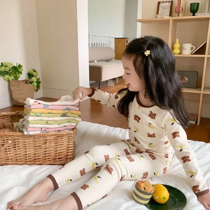 Children's Pajamas Set Autumn and Winter Long-sleeved Tops Cute Design Cartoon Pattern + Trousers Simple Style Home Clothes Platonelstore