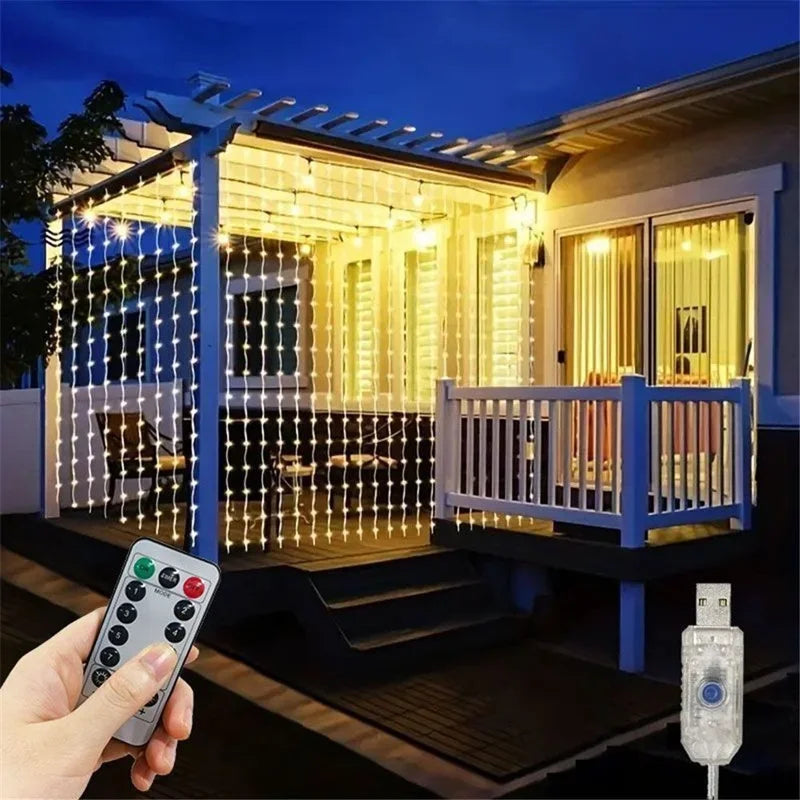 6x3M LED USB Curtain String Fairy Lights Christmas Garland 8 Modes Remote for New Year 2024 Party Garden Home Wedding Decoration Platonelstore