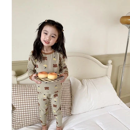 Children's Pajamas Set Autumn and Winter Long-sleeved Tops Cute Design Cartoon Pattern + Trousers Simple Style Home Clothes Platonelstore
