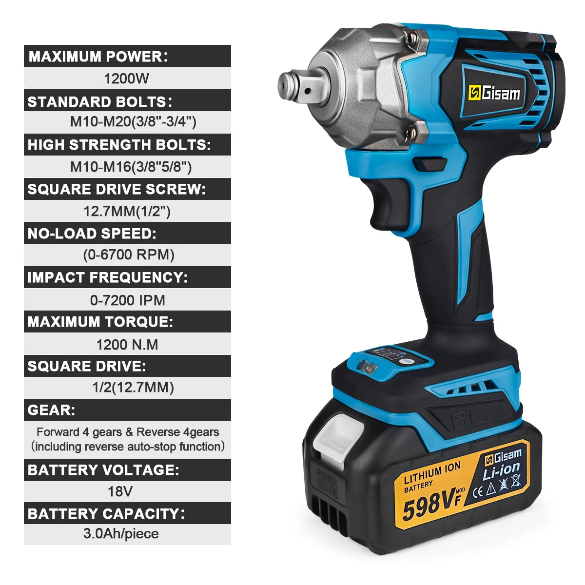 Gisam 1200N.M Torque Brushless Electric Impact Wrench 1/2 inch Cordless Wrench Screwdriver Power Tools For Makita 18V Battery Platonelstore