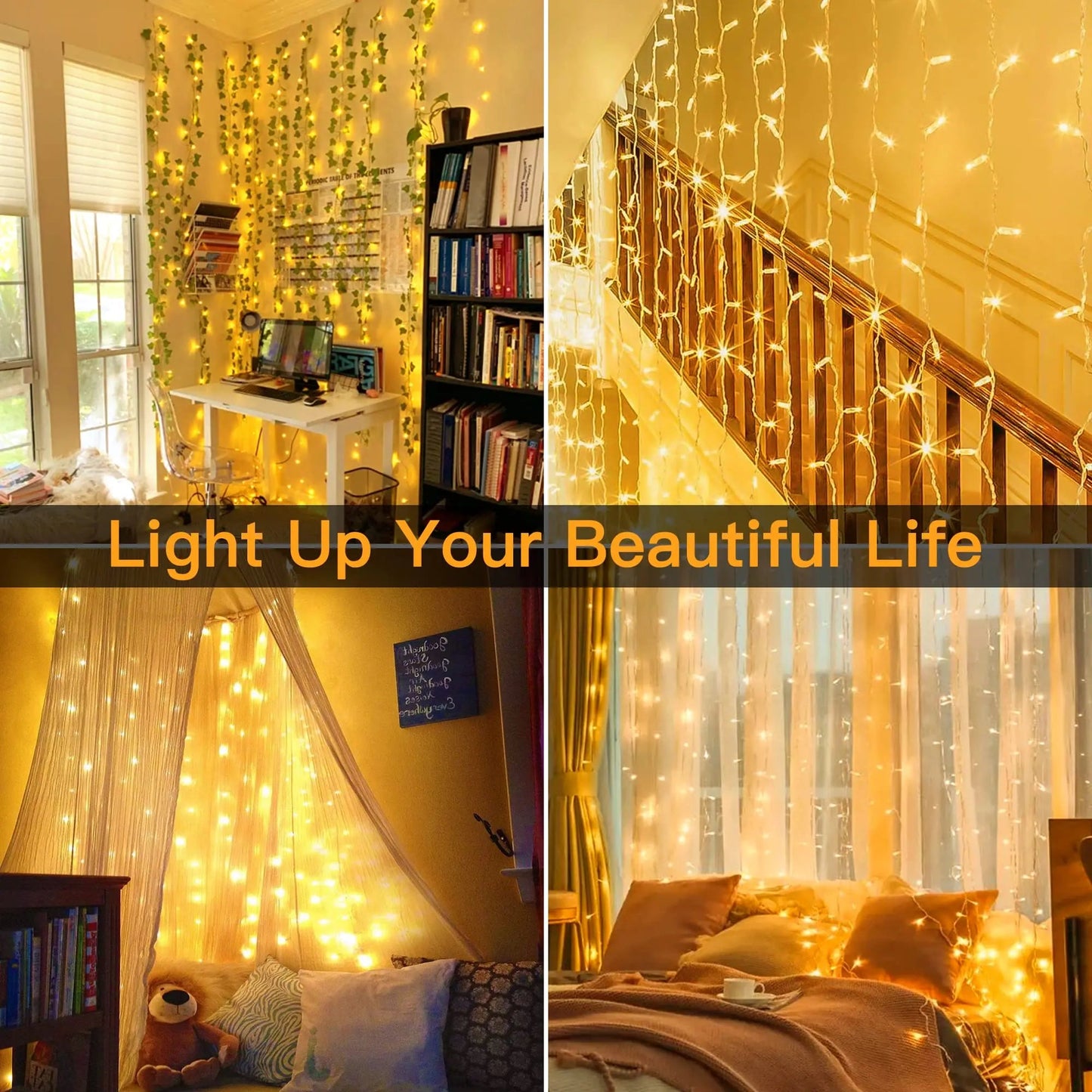 LED Curtain String Lights Christmas Garland Decor Fairy Light 8 Modes USB Remote Control Wedding Holiday Party for Bedroom Home Platonelstore