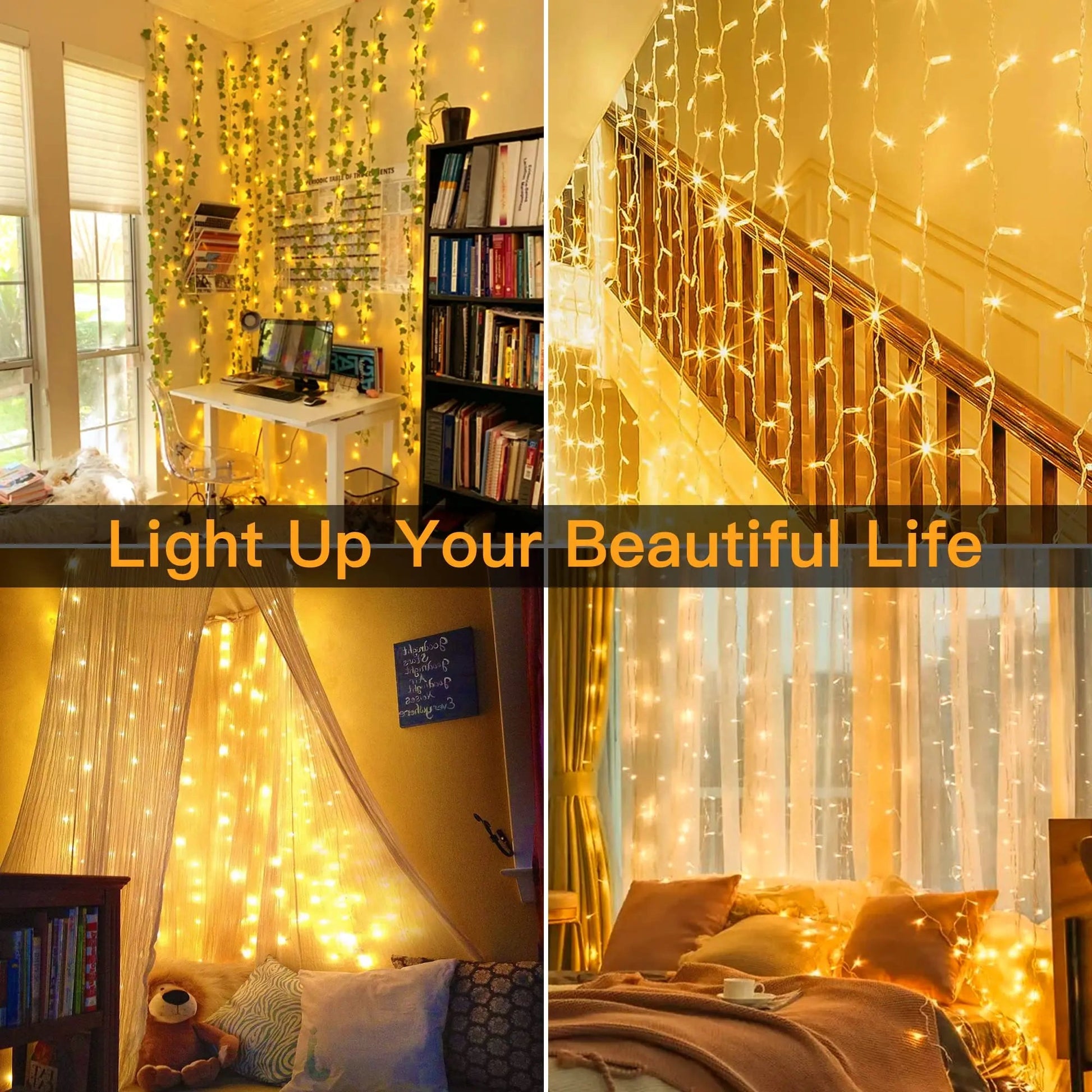 LED Curtain String Lights Christmas Garland Decor Fairy Light 8 Modes USB Remote Control Wedding Holiday Party for Bedroom Home Platonelstore