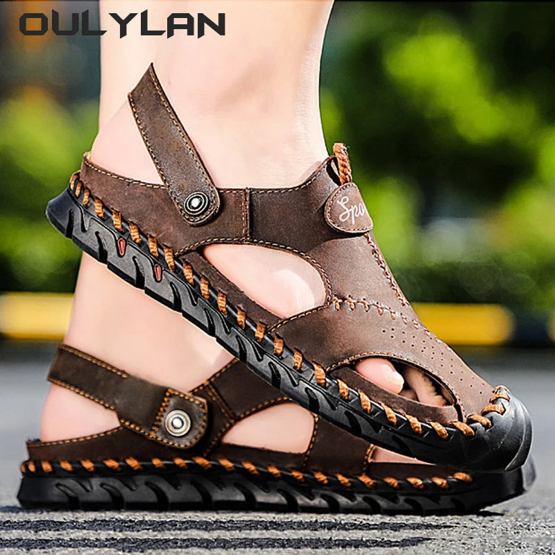 Fashion Men's Sandals Outdoor Hollow Leather Sandals Shoes Men Breathable Shoes Oversized Water Trekking Beach Sandals Casual Platonelstore