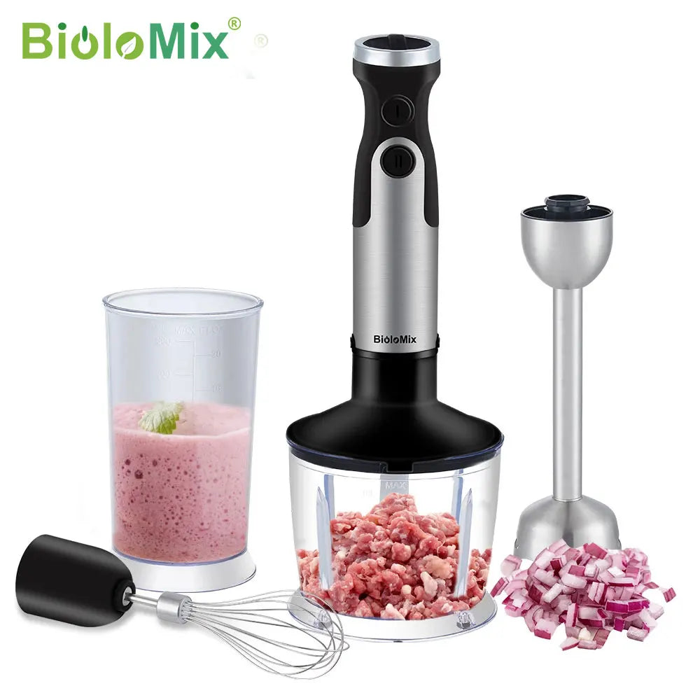 BioloMix 1200W 4-in-1 Immersion Hand Stick Blender Mixer Vegetable Meat Grinder 800ml Chopper Whisk 600ml Smoothie Cup Platonelstore